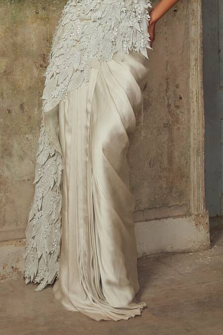 Buy_PIRI INDIA_Gray Silk, Satin, Organza Embroidery Bandeau Designer Cloud Grey Top And Skirt _Online_at_Aza_Fashions