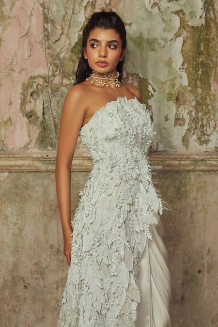 Shop_PIRI INDIA_Gray Silk, Satin, Organza Embroidery Bandeau Designer Cloud Grey Top And Skirt _Online_at_Aza_Fashions