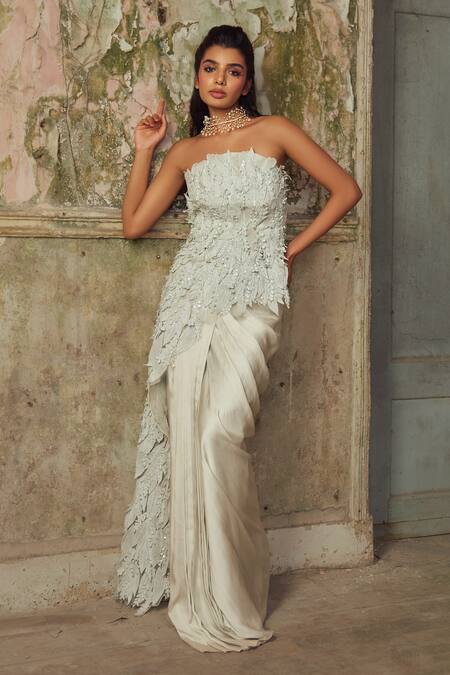 PIRI INDIA_Gray Silk, Satin, Organza Embroidery Bandeau Designer Cloud Grey Top And Skirt _at_Aza_Fashions