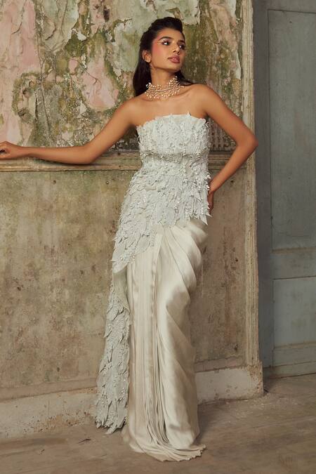 Buy_PIRI INDIA_Gray Silk, Satin, Organza Embroidery Bandeau Designer Cloud Grey Top And Skirt 