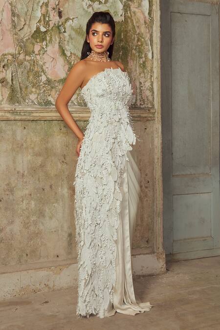 Shop_PIRI INDIA_Gray Silk, Satin, Organza Embroidery Bandeau Designer Cloud Grey Top And Skirt 