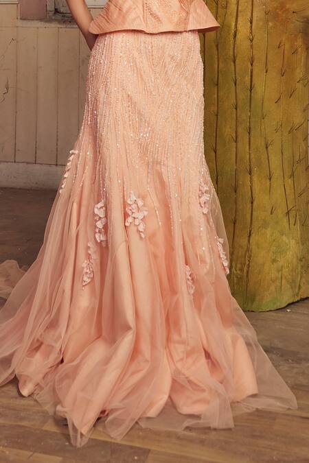 PIRI INDIA_Peach Tulle, Organza Beads Bandeau Neck Embroidered Blouse And Lehenga Set _Online_at_Aza_Fashions