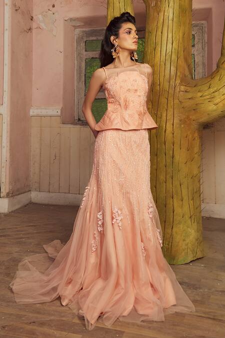 Buy_PIRI INDIA_Peach Tulle, Organza Beads Bandeau Neck Embroidered Blouse And Lehenga Set _Online_at_Aza_Fashions