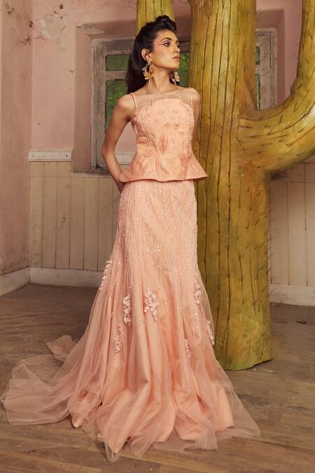 Shop_PIRI INDIA_Peach Tulle, Organza Beads Bandeau Neck Embroidered Blouse And Lehenga Set _Online_at_Aza_Fashions