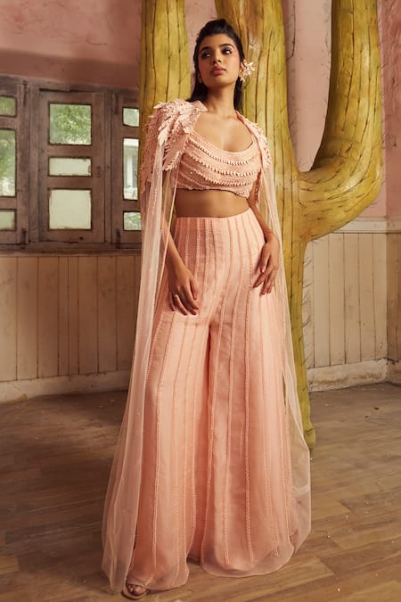 PIRI INDIA_Peach Chanderi, Tulle, Organza Embroidery Tender Bustier Pants And Cape Set _at_Aza_Fashions