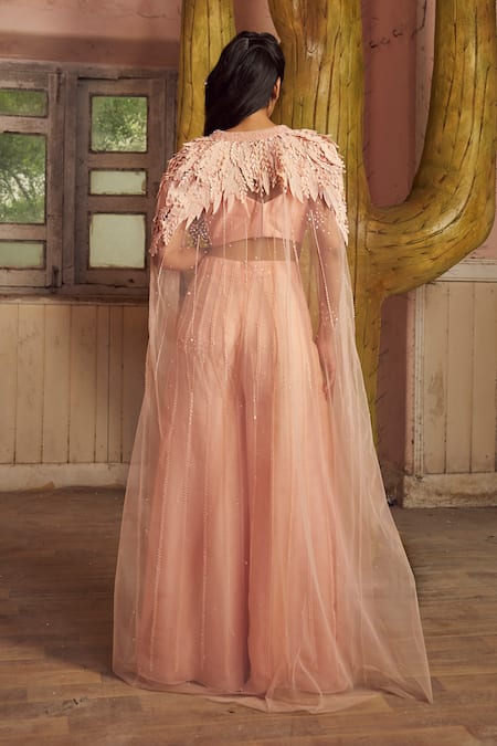 PIRI INDIA Tender Peach Chanderi Bustier Pants & Cape Set 