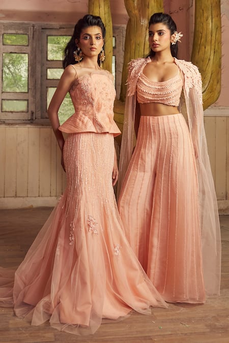 Buy_PIRI INDIA_Peach Chanderi, Tulle, Organza Embroidery Tender Bustier Pants And Cape Set 