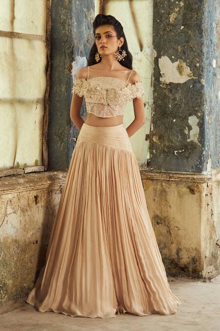 Buy_PIRI INDIA_Beige Net, Satin, Organza Embroidery Boat Neck 3d Lehenga Set _Online_at_Aza_Fashions