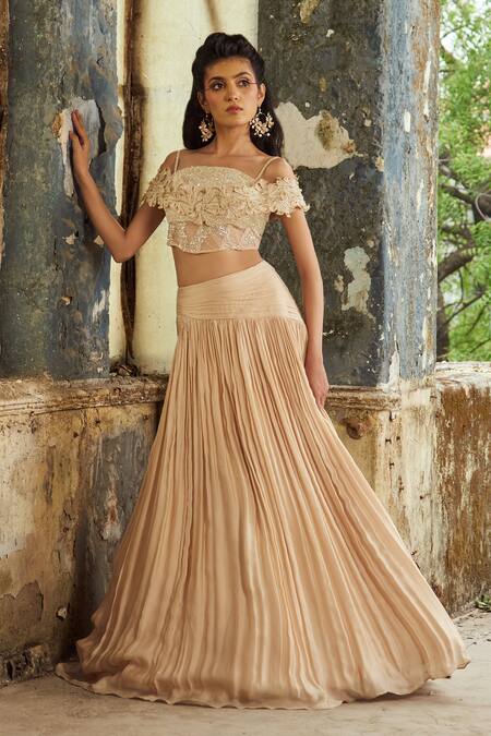 PIRI INDIA_Beige Net, Satin, Organza Embroidery Boat Neck 3d Lehenga Set _at_Aza_Fashions