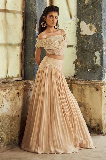 Shop_PIRI INDIA_Beige Net, Satin, Organza Embroidery Boat Neck 3d Lehenga Set 