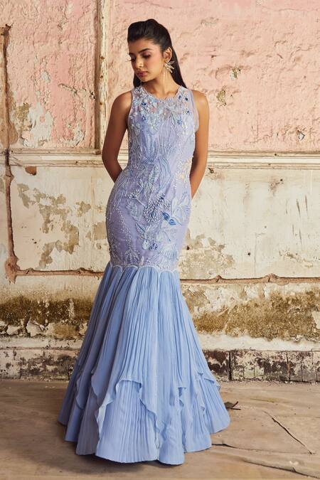 PIRI INDIA_Lavender Organza, Georgette Beads Round Neck Blue Embroidered Designer Gown _at_Aza_Fashions