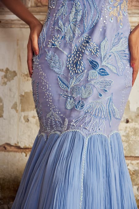 Buy_PIRI INDIA_Lavender Organza, Georgette Beads Round Neck Blue Embroidered Designer Gown 