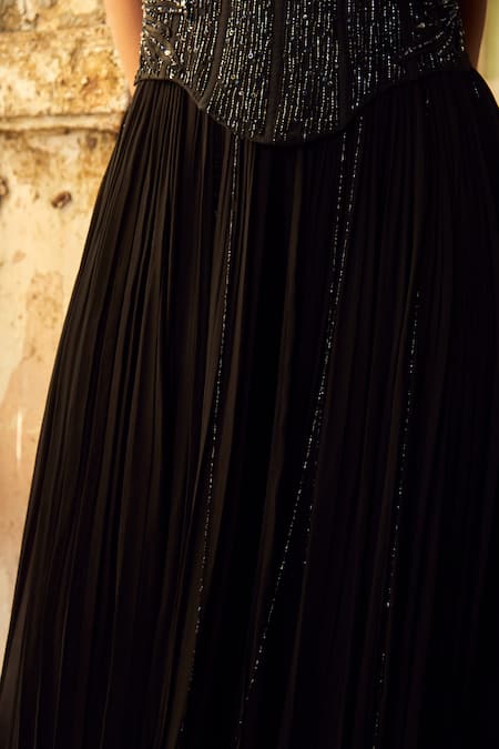 Buy_PIRI INDIA_Black Georgette, Net Beads, Embroidery Sweetheart Neck 3d Jumpsuit And Corset Set _Online_at_Aza_Fashions