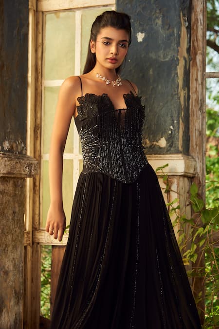 Shop_PIRI INDIA_Black Georgette, Net Beads, Embroidery Sweetheart Neck 3d Jumpsuit And Corset Set _Online_at_Aza_Fashions