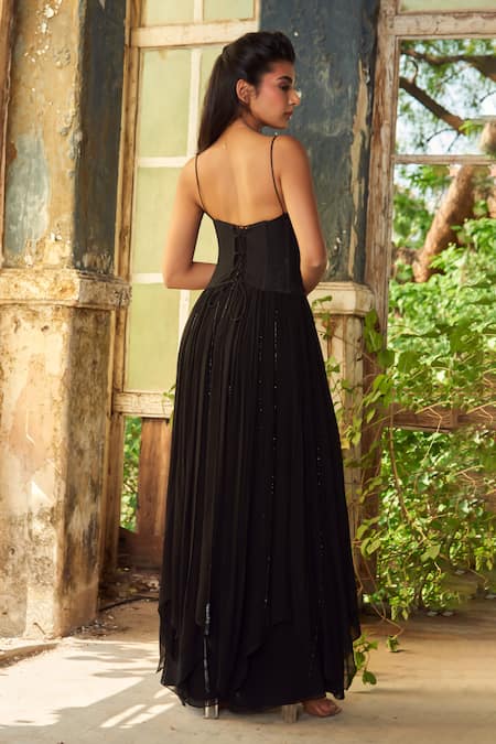 PIRI INDIA Black 3D Embroidered Jumpsuit & Corset Set 