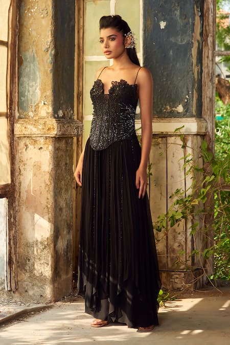 Piri India Black Georgette, Net Beads, Embroidery Sweetheart Neck 3d Jumpsuit And Corset Set 