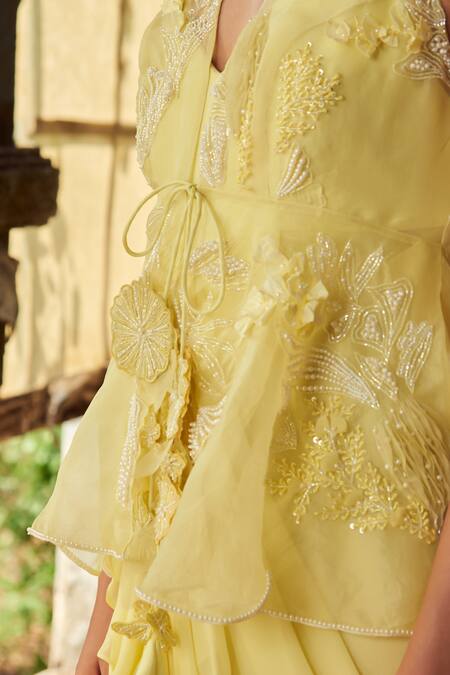 PIRI INDIA_Yellow Georgette, Organza Embroidery Lemon Designer Gown And Peplum Jacket Set _Online_at_Aza_Fashions