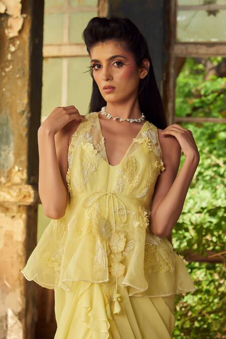 Shop_PIRI INDIA_Yellow Georgette, Organza Embroidery Lemon Designer Gown And Peplum Jacket Set _Online_at_Aza_Fashions