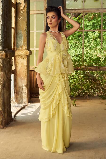 PIRI INDIA_Yellow Georgette, Organza Embroidery Lemon Designer Gown And Peplum Jacket Set _at_Aza_Fashions
