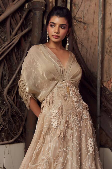 Shop_PIRI INDIA_Gold Organza Embroidery, Tassels V-neck Lehenga Set _Online_at_Aza_Fashions