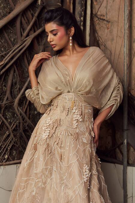 PIRI INDIA_Gold Organza Embroidery, Tassels V-neck Lehenga Set _at_Aza_Fashions