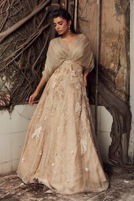 Piri India Gold Organza Embroidery, Tassels V-neck Lehenga Set 