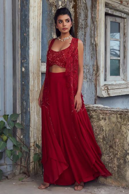 PIRI INDIA_Red Georgette, Organza, Chanderi Embroidery Round Neck, Open Deep Crimson Set _Online_at_Aza_Fashions