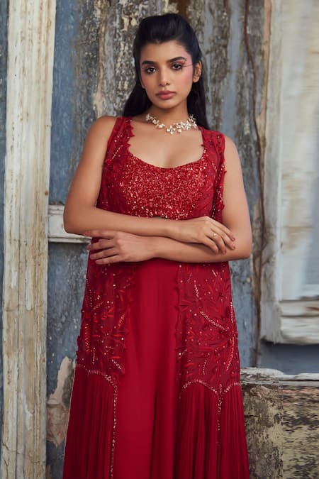 Buy_PIRI INDIA_Red Georgette, Organza, Chanderi Embroidery Round Neck, Open Deep Crimson Set _Online_at_Aza_Fashions