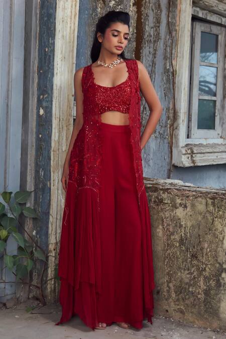 Shop_PIRI INDIA_Red Georgette, Organza, Chanderi Embroidery Round Neck, Open Deep Crimson Set _Online_at_Aza_Fashions