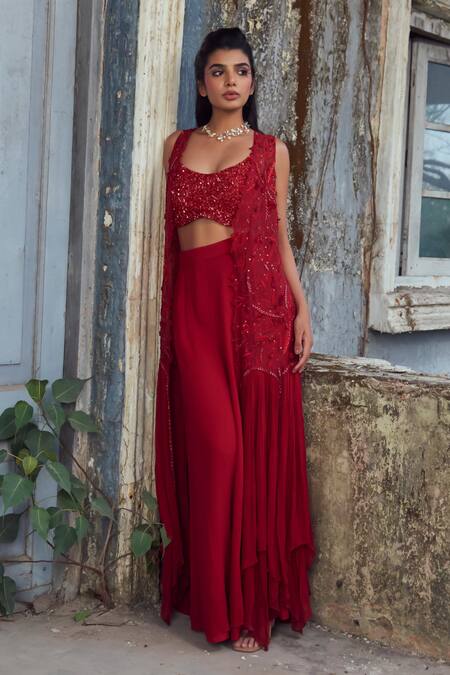 PIRI INDIA_Red Georgette, Organza, Chanderi Embroidery Round Neck, Open Deep Crimson Set _at_Aza_Fashions
