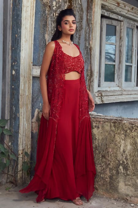 Buy_PIRI INDIA_Red Georgette, Organza, Chanderi Embroidery Round Neck, Open Deep Crimson Set 