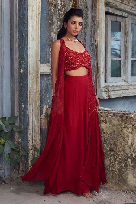 Shop_PIRI INDIA_Red Georgette, Organza, Chanderi Embroidery Round Neck, Open Deep Crimson Set 
