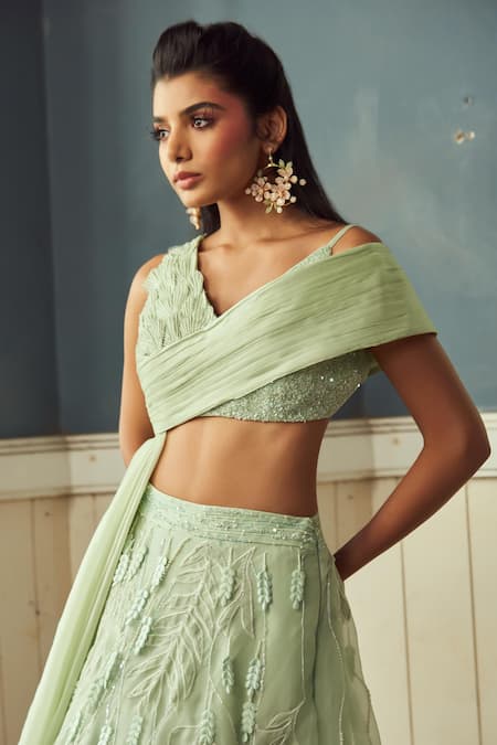 PIRI INDIA_Green Chanderi, Organza, Satin Embroidery, Applique Sage 3d Lehenga Set _Online_at_Aza_Fashions