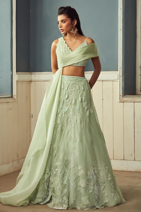 Buy_PIRI INDIA_Green Chanderi, Organza, Satin Embroidery, Applique Sage 3d Lehenga Set _Online_at_Aza_Fashions