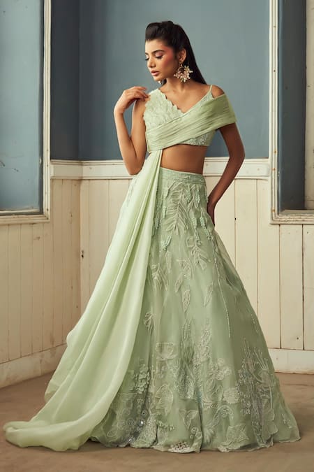 Shop_PIRI INDIA_Green Chanderi, Organza, Satin Embroidery, Applique Sage 3d Lehenga Set _Online_at_Aza_Fashions