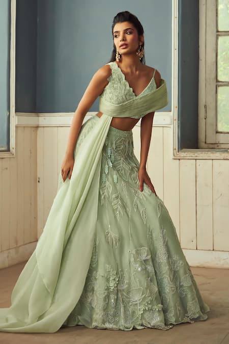 PIRI INDIA_Green Chanderi, Organza, Satin Embroidery, Applique Sage 3d Lehenga Set _at_Aza_Fashions