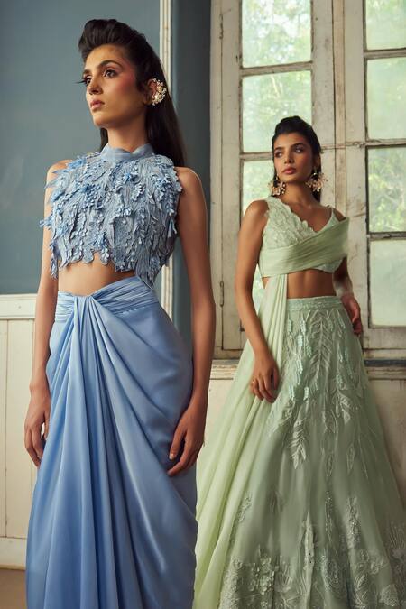Buy_PIRI INDIA_Green Chanderi, Organza, Satin Embroidery, Applique Sage 3d Lehenga Set 