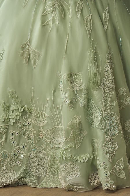 Shop_PIRI INDIA_Green Chanderi, Organza, Satin Embroidery, Applique Sage 3d Lehenga Set 