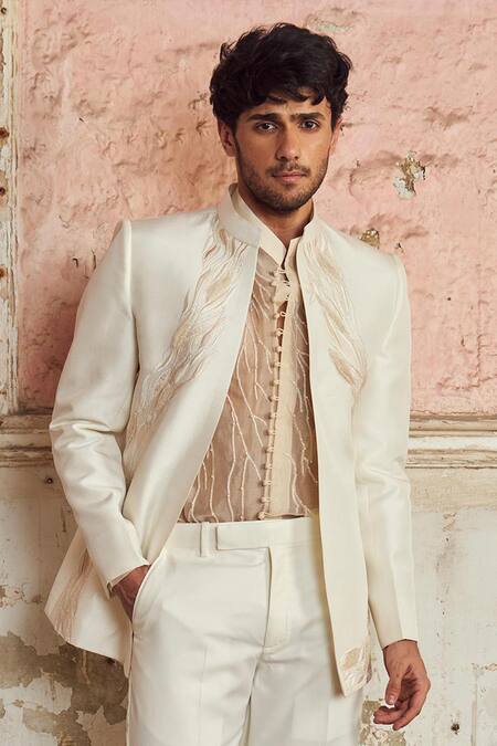 PIRI INDIA_Ivory Organza Embroidery Designer Jacket Set _Online_at_Aza_Fashions