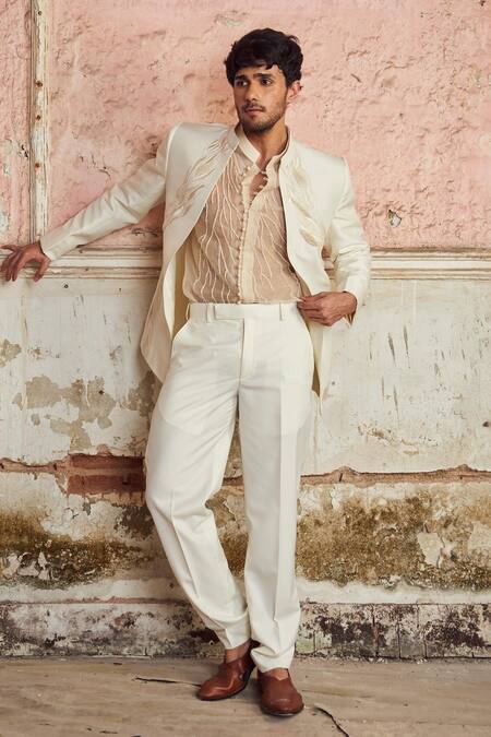 Buy_PIRI INDIA_Ivory Organza Embroidery Designer Jacket Set 