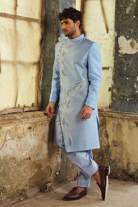 PIRI INDIA_Lavender Embroidery Blue Thread Sherwani Set _Online_at_Aza_Fashions