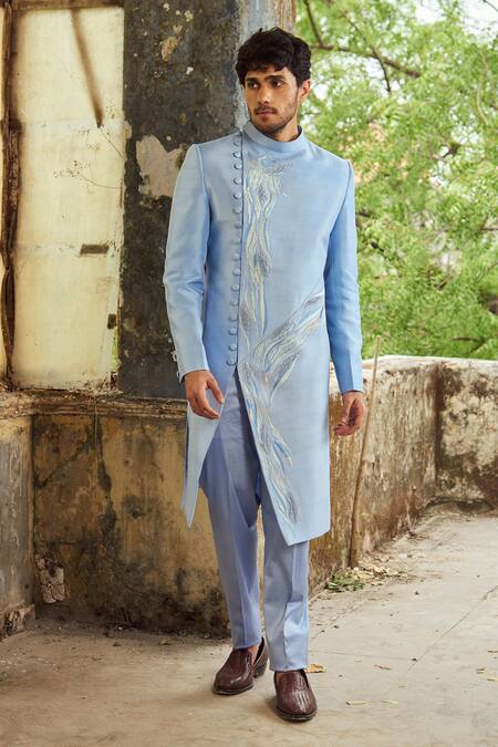 Buy_PIRI INDIA_Lavender Embroidery Blue Thread Sherwani Set _Online_at_Aza_Fashions