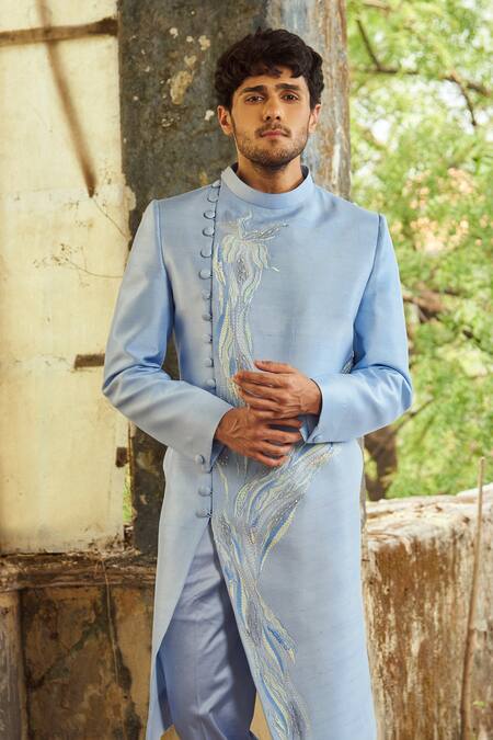 PIRI INDIA_Lavender Embroidery Blue Thread Sherwani Set _at_Aza_Fashions