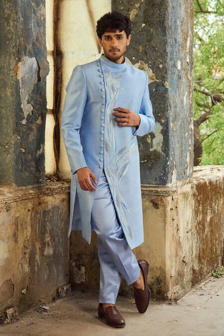 Buy_PIRI INDIA_Lavender Embroidery Blue Thread Sherwani Set 
