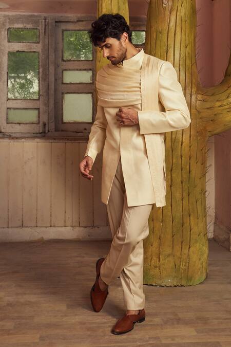 Buy_PIRI INDIA_Beige Doriya Dupion Bandhgala And Pant Set _Online_at_Aza_Fashions