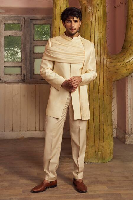 Shop_PIRI INDIA_Beige Doriya Dupion Bandhgala And Pant Set _Online_at_Aza_Fashions