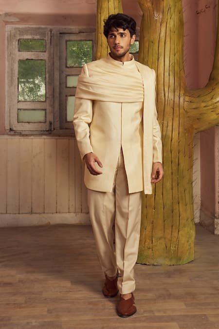 PIRI INDIA_Beige Doriya Dupion Bandhgala And Pant Set _at_Aza_Fashions