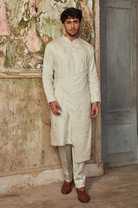Shop_PIRI INDIA_Gray Cotton Embroidery Cloud Grey Handcrafted Kurta And Pant Set _Online_at_Aza_Fashions