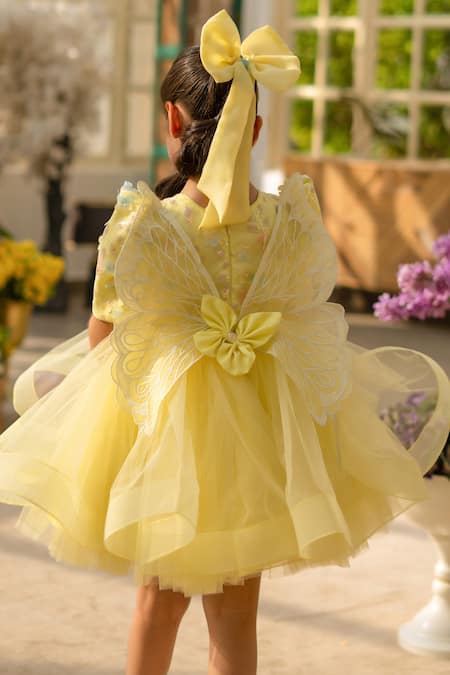 Shop Fayon Kids Yellow Net Bows Designer Dress at Aza Fashions Shop_Fayon Kids_Yellow Net Bows Designer Dress _at_Aza_Fashions
