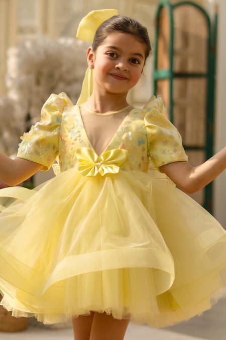 Fayon Kids Yellow Net Bows Designer Dress Online at Aza Fashions Fayon Kids_Yellow Net Bows Designer Dress _Online_at_Aza_Fashions